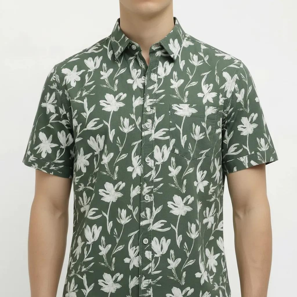 METTLE Men Mountain Green Floral Printed Casual Shirt
