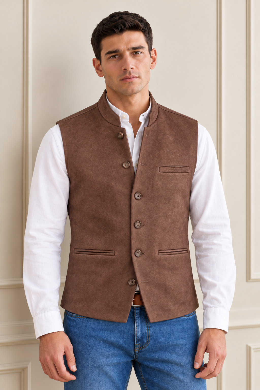Men’s Espresso Knitted Suede Waistcoat – Regular Fit