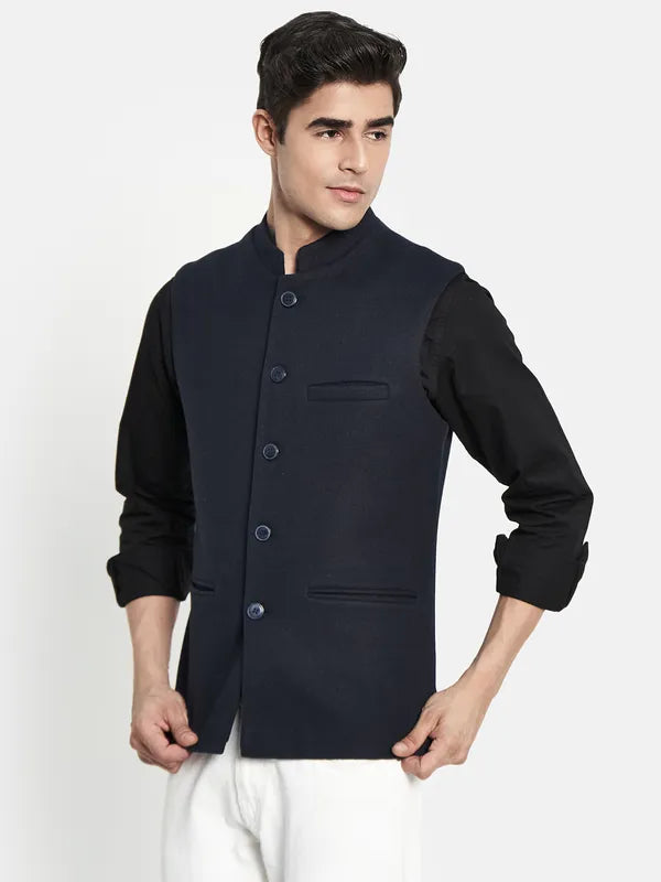 Men Navy-Blue Solid Woven Waistcoat