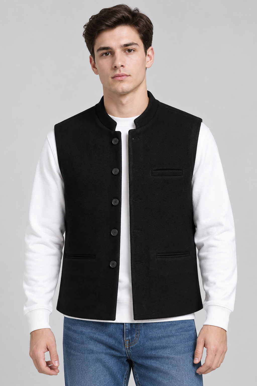 Men’s Regular Fit Nehru Tweed Waistcoat – Black