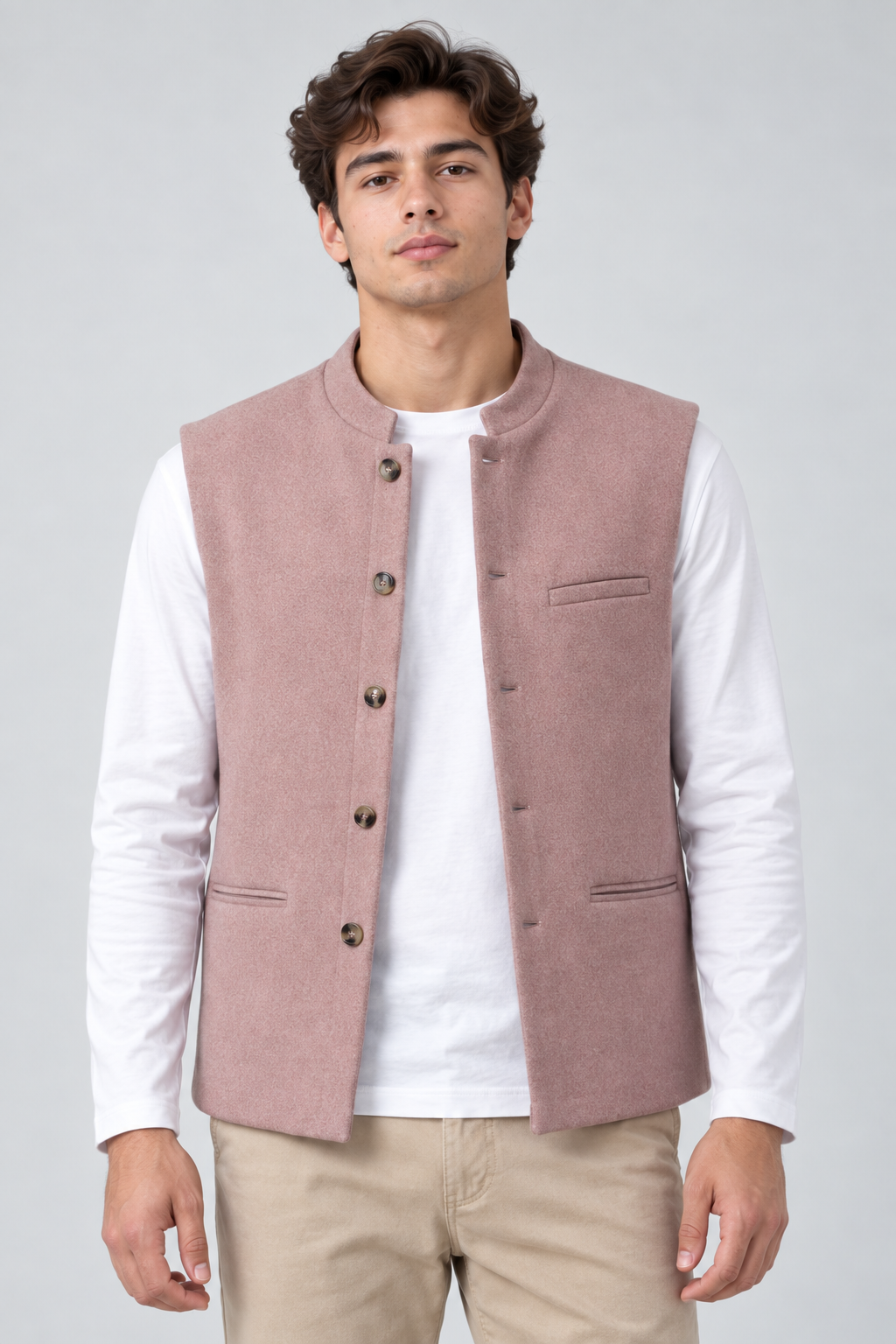 Men’s Regular Fit Nehru Tweed Waistcoat – Light Pink