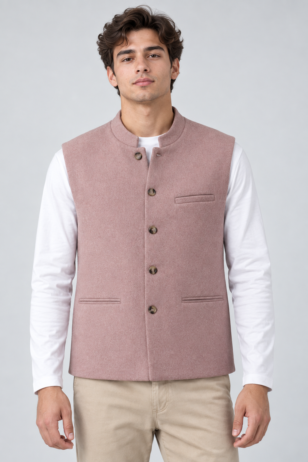 Men’s Regular Fit Nehru Tweed Waistcoat – Light Pink