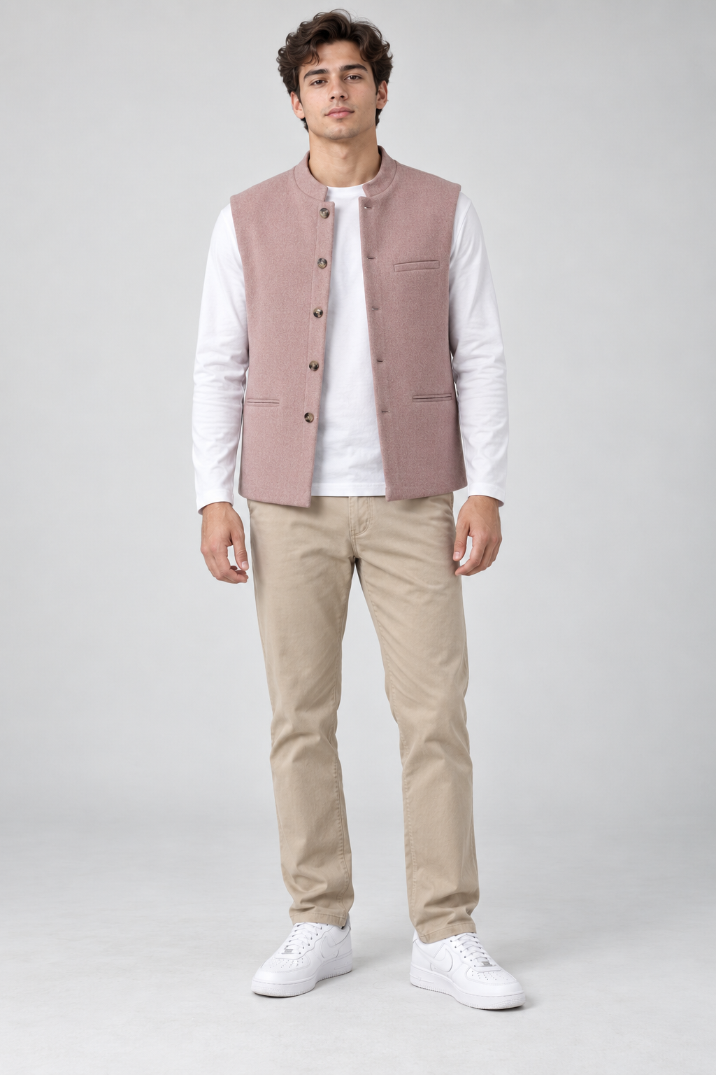 Men’s Regular Fit Nehru Tweed Waistcoat – Light Pink