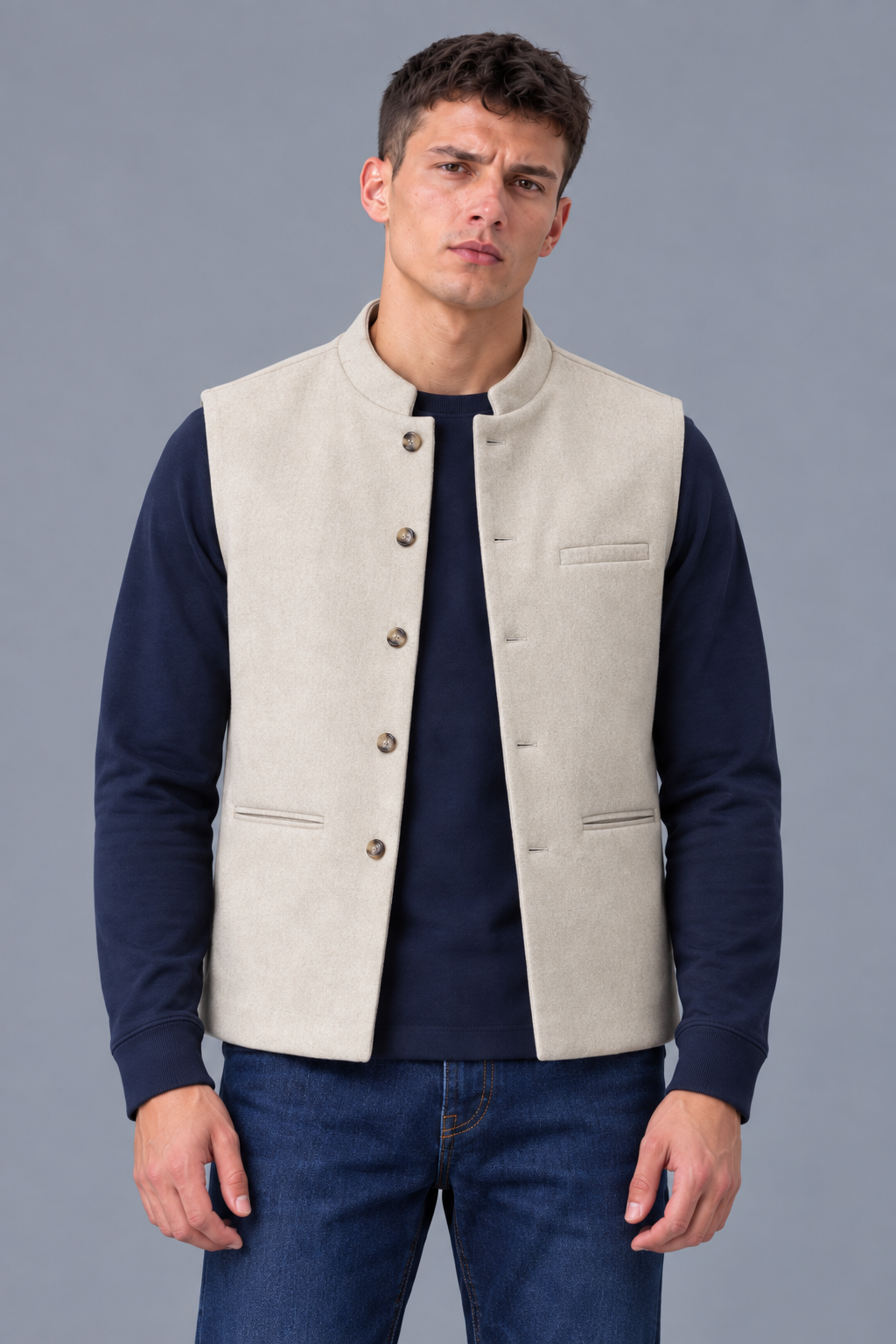 Men’s Regular Fit Nehru Tweed Waistcoat – Natural