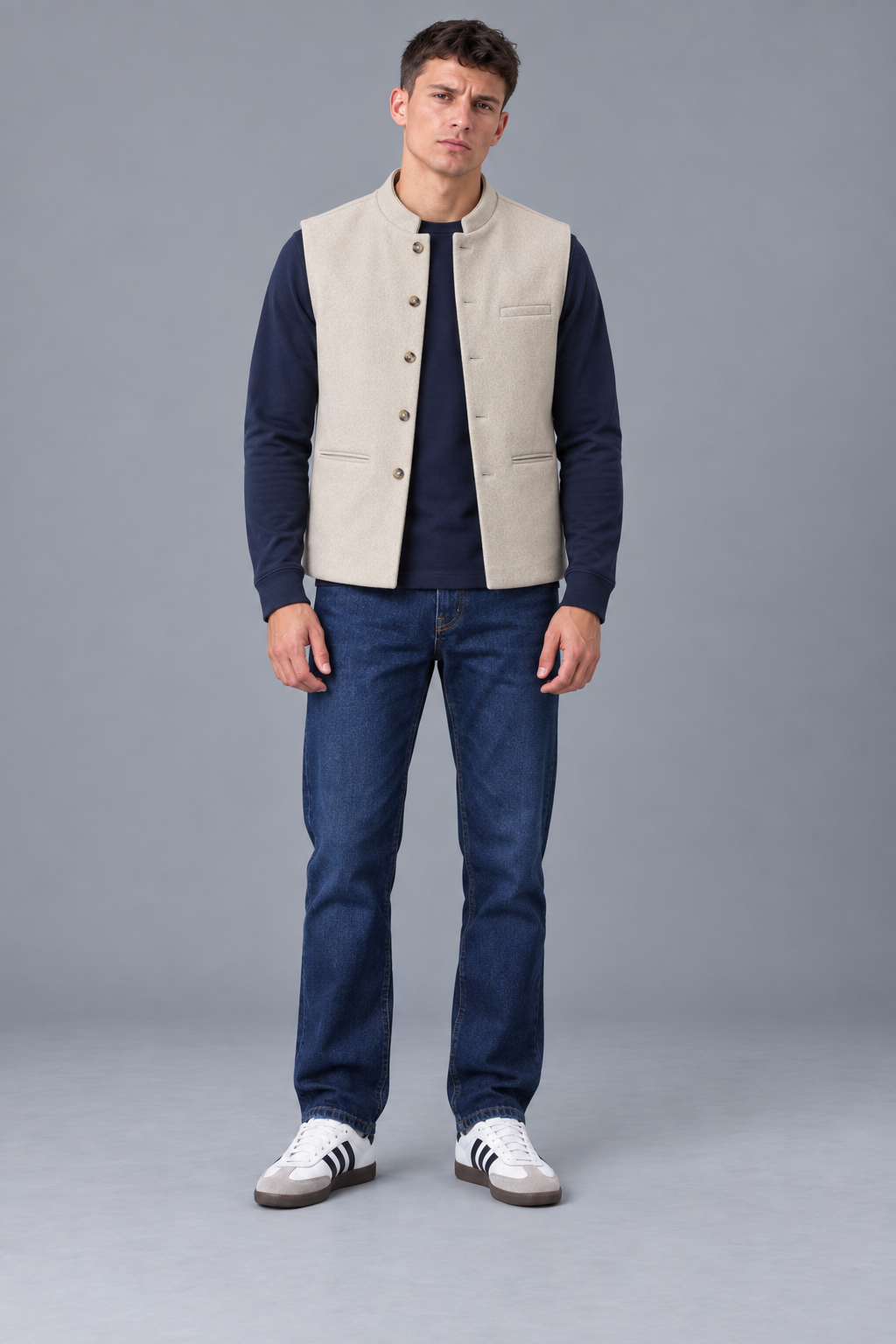 Men’s Regular Fit Nehru Tweed Waistcoat – Natural