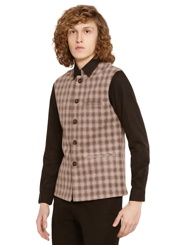 Mettle Men Brown Checked Waistcoat