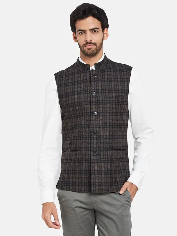 Mettle Checked Mandarin Collar Nehru Jacket