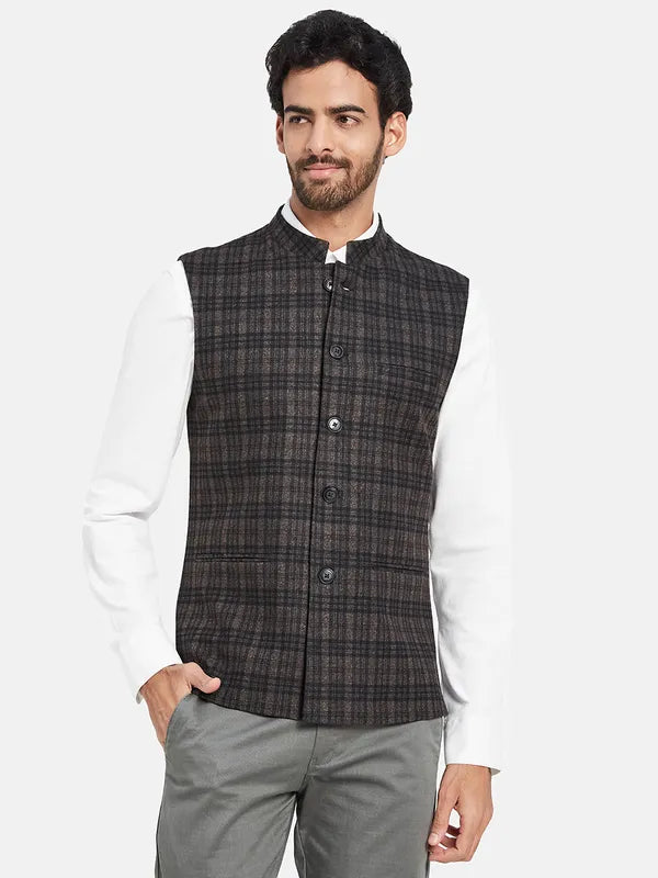 Mettle Checked Mandarin Collar Nehru Jacket