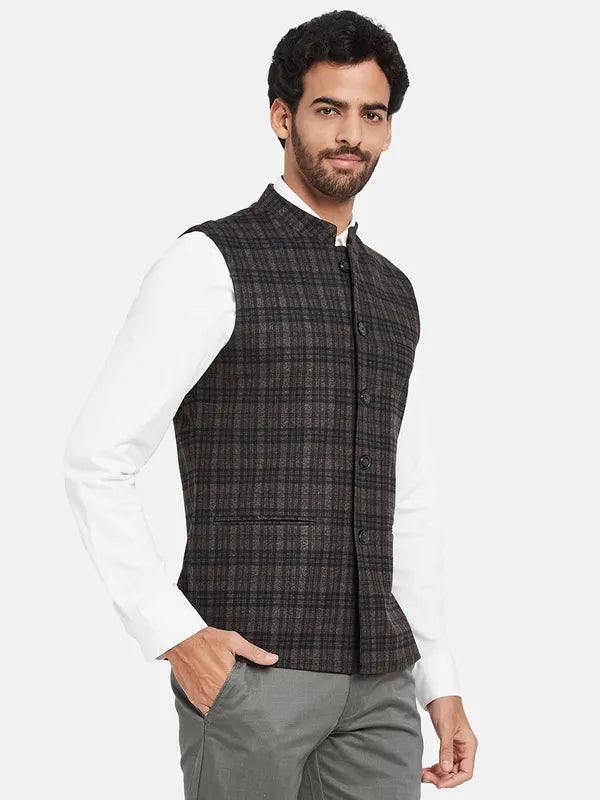 Mettle Checked Mandarin Collar Nehru Jacket