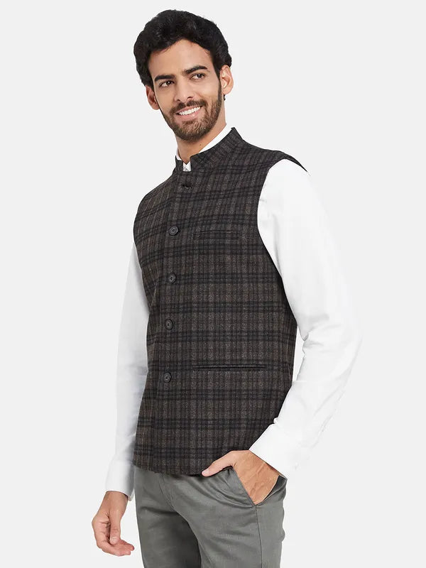 Mettle Checked Mandarin Collar Nehru Jacket