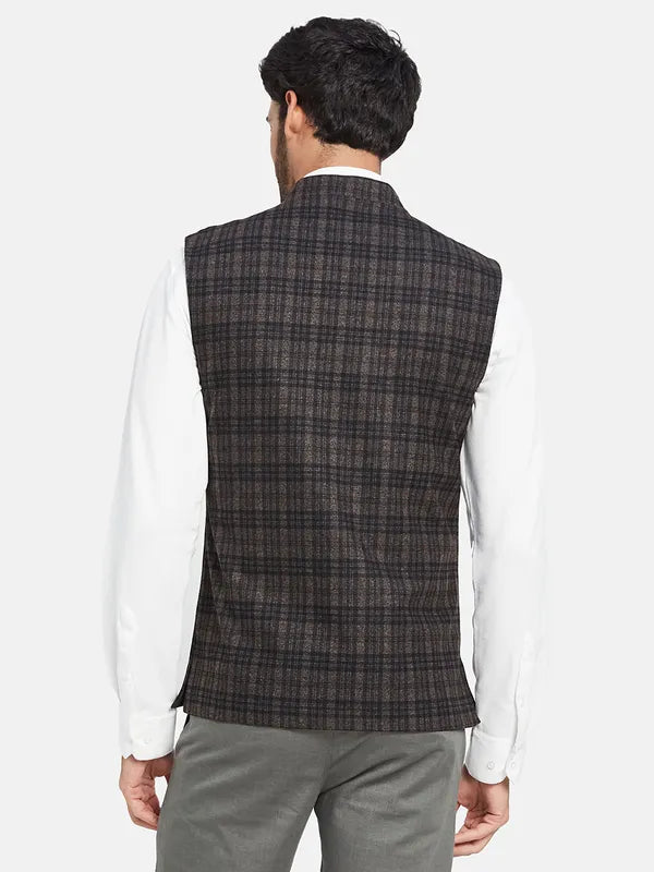 Mettle Checked Mandarin Collar Nehru Jacket