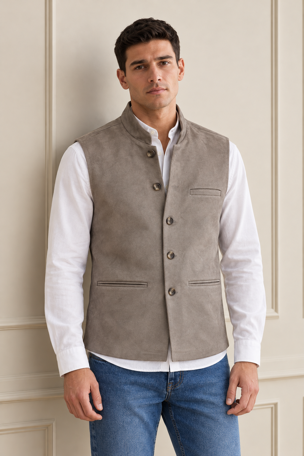 Men’s Regular Fit Knitted Suede Waistcoat – Dark Stone