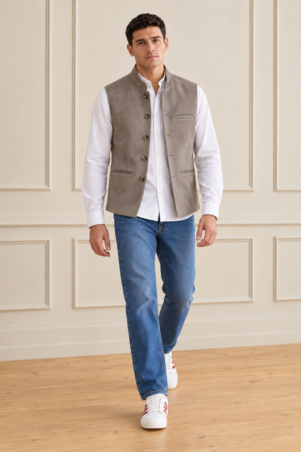 Men’s Regular Fit Knitted Suede Waistcoat – Dark Stone