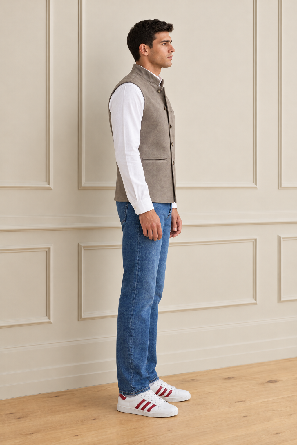 Men’s Regular Fit Knitted Suede Waistcoat – Dark Stone