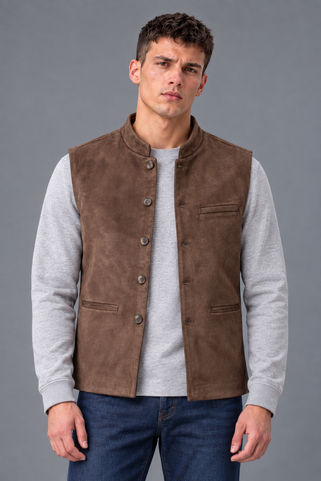 Men’s Regular Fit Knitted Suede Waistcoat – Espresso