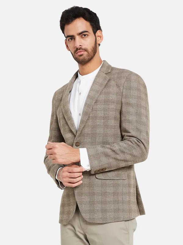 Checked Single Breasted Notched Lapel Collar Suede Blazer