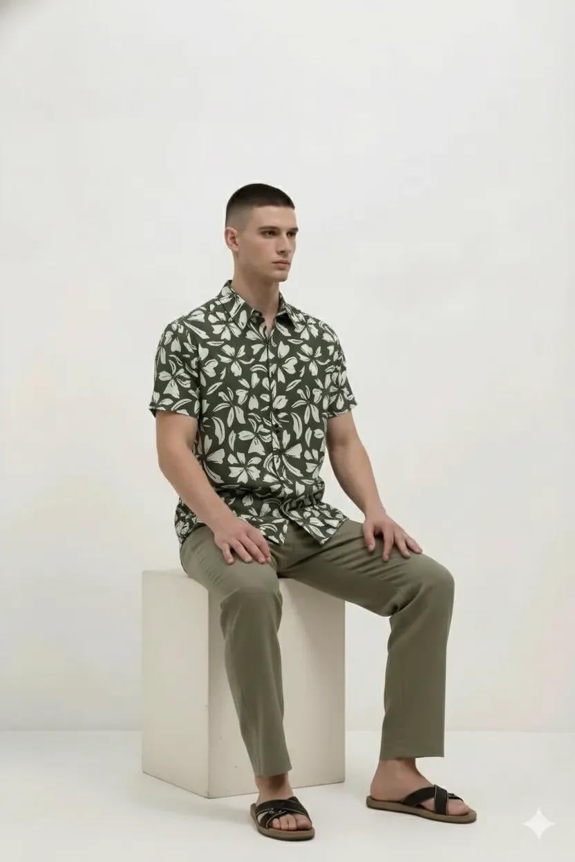 Men Olive Floral Printed Polo Collar Shirt