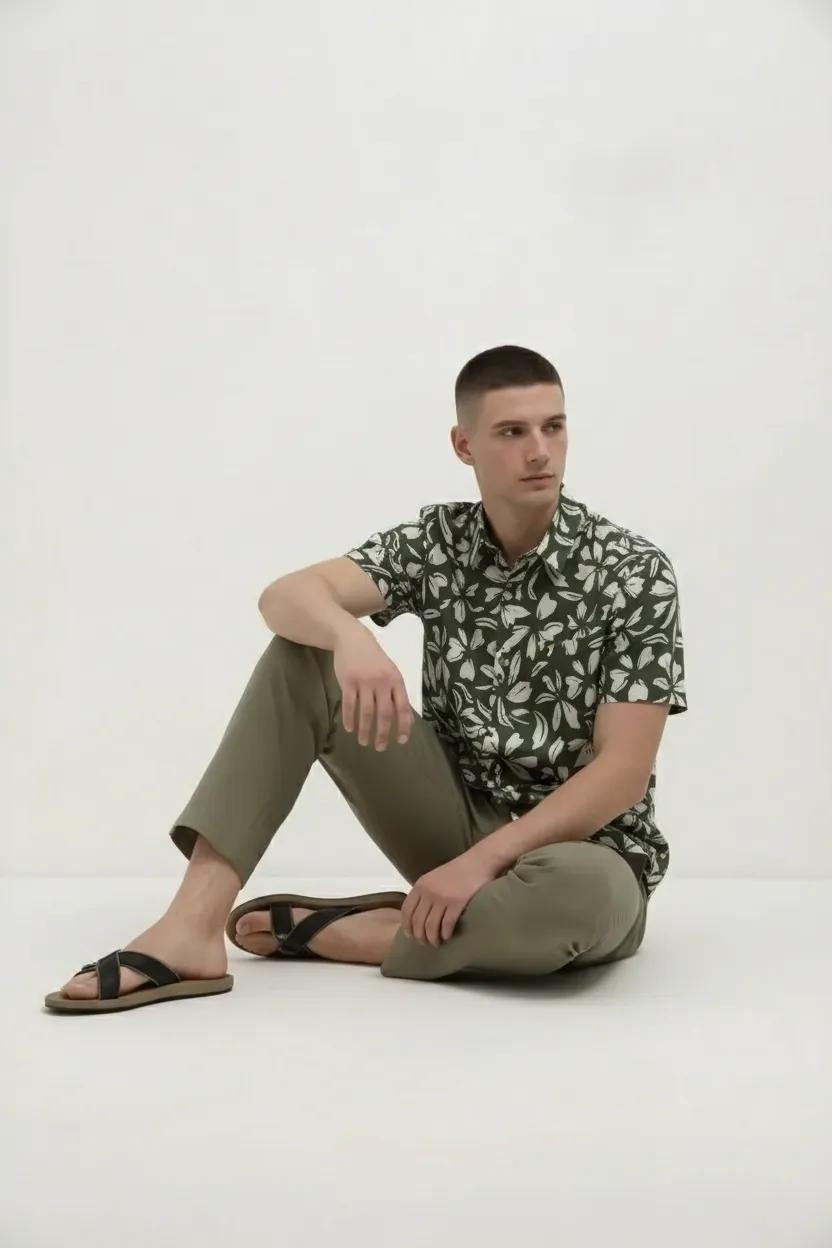 Men Olive Floral Printed Polo Collar Shirt