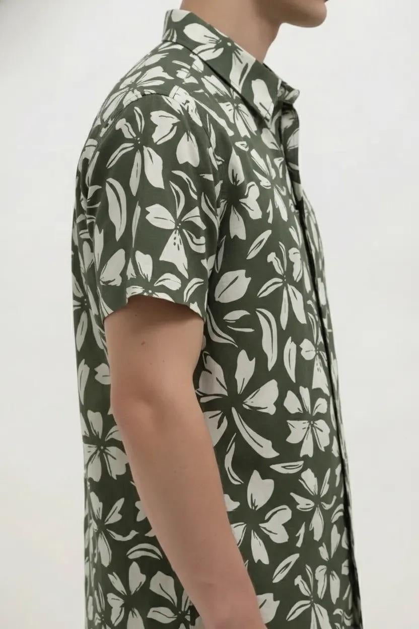 Men Olive Floral Printed Polo Collar Shirt