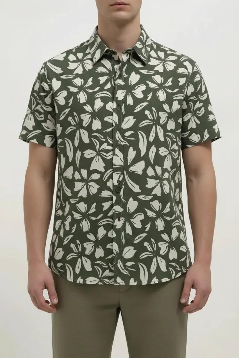 Men Olive Floral Printed Polo Collar Shirt
