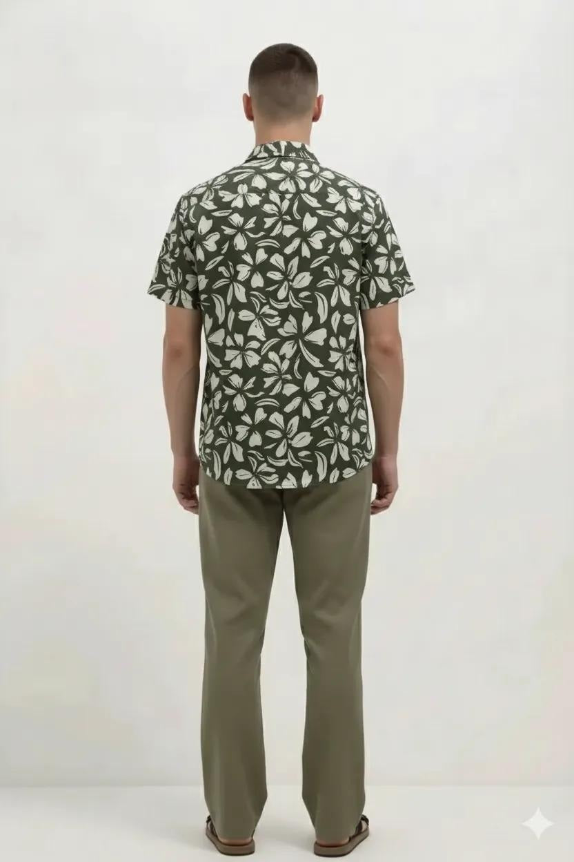 Men Olive Floral Printed Polo Collar Shirt
