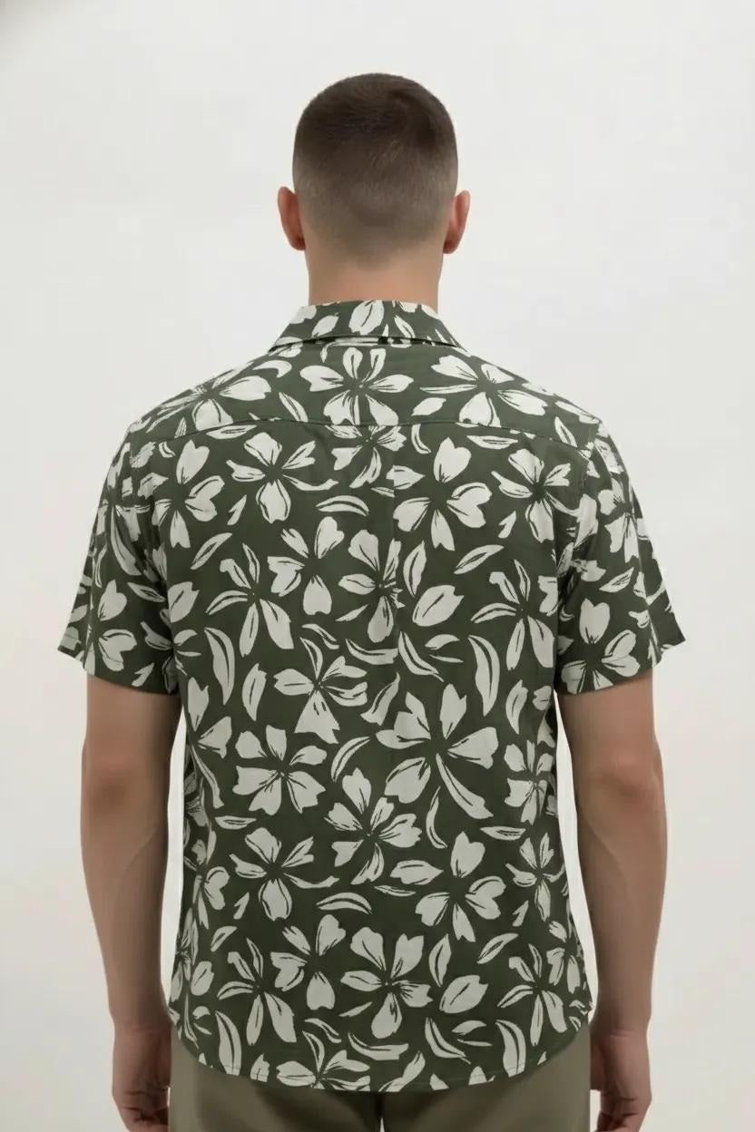 Men Olive Floral Printed Polo Collar Shirt