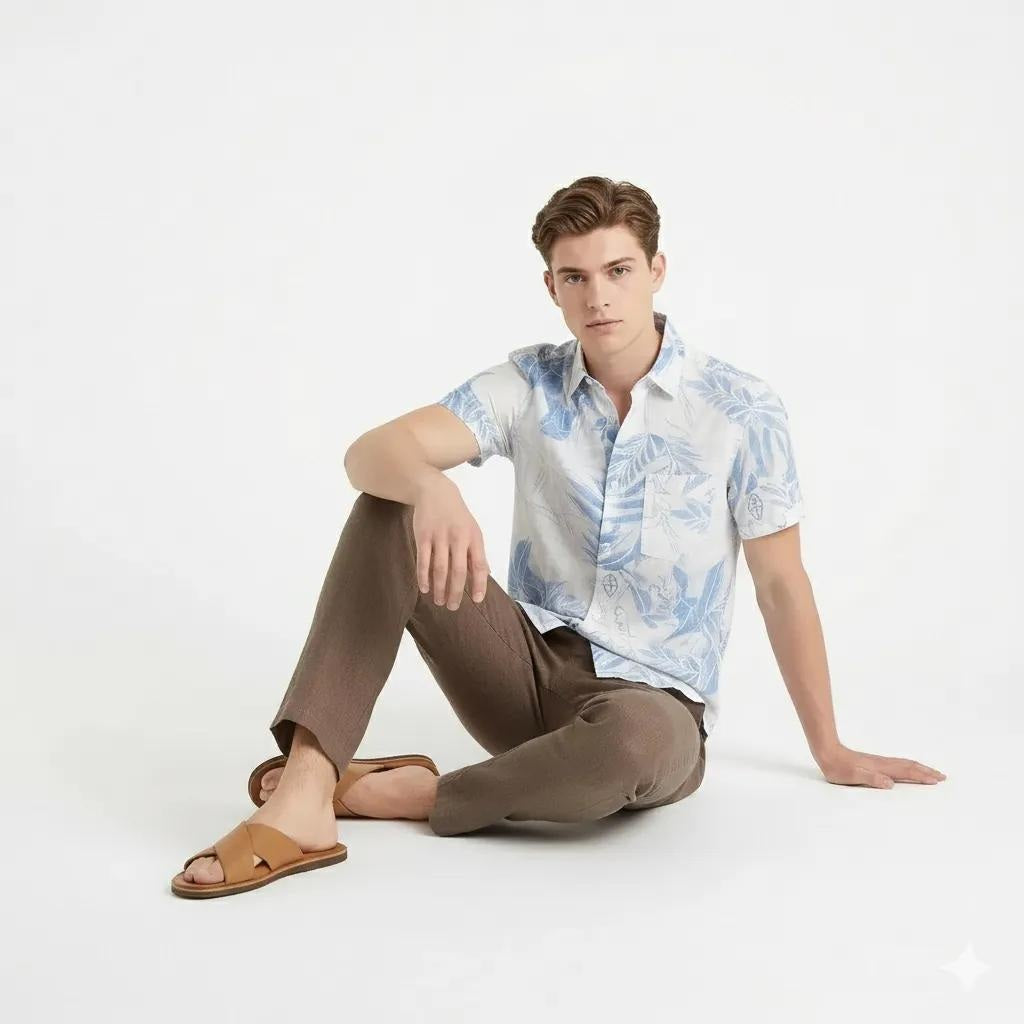 Men Sky Floral Printed Polo Collar Shirt