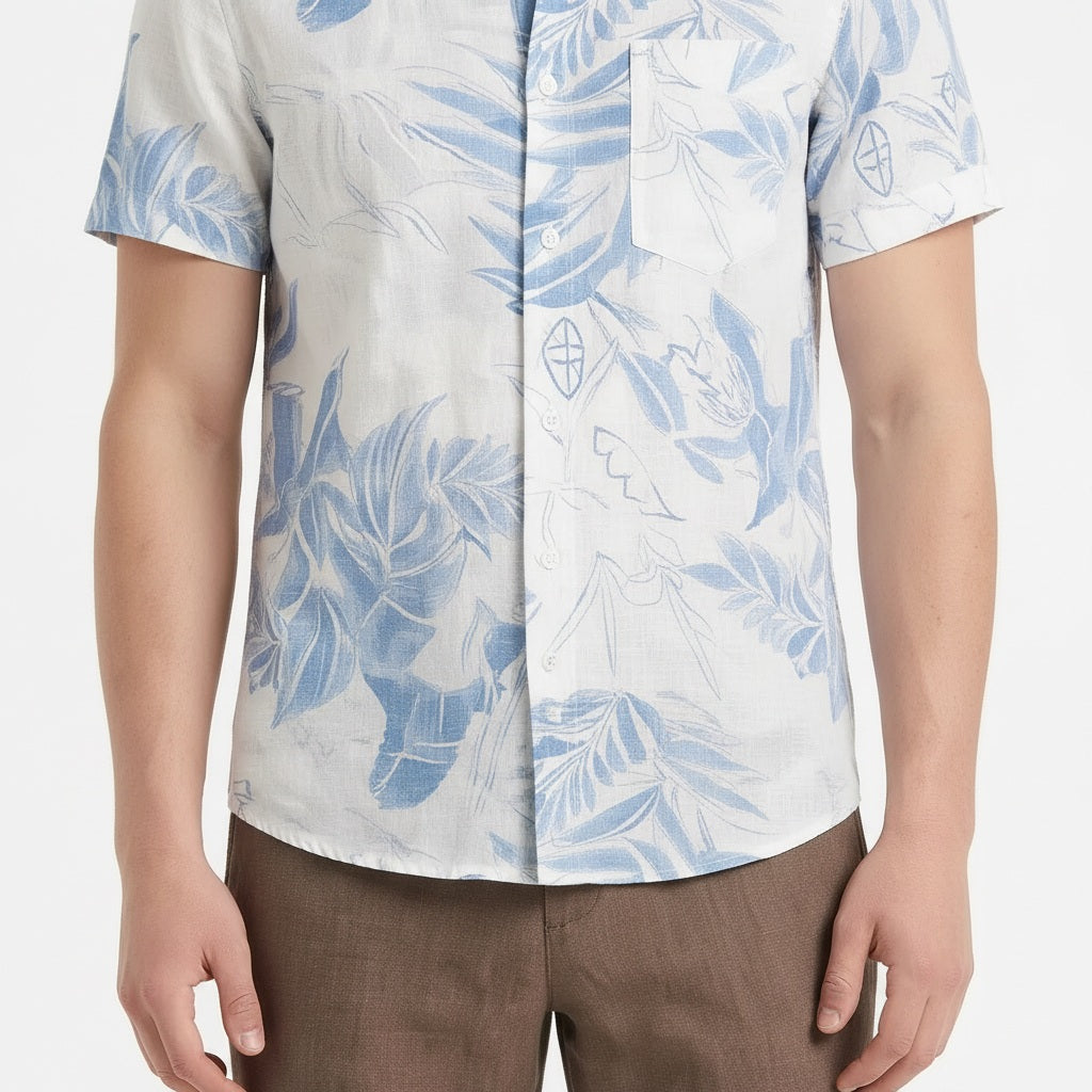 Men Sky Floral Printed Polo Collar Shirt