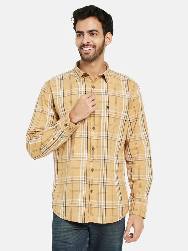 Mettle Men Yellow Tartan Checks Opaque Checked Casual Shirt