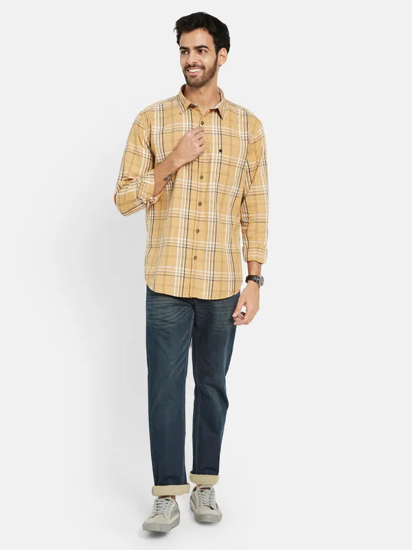 Mettle Men Yellow Tartan Checks Opaque Checked Casual Shirt