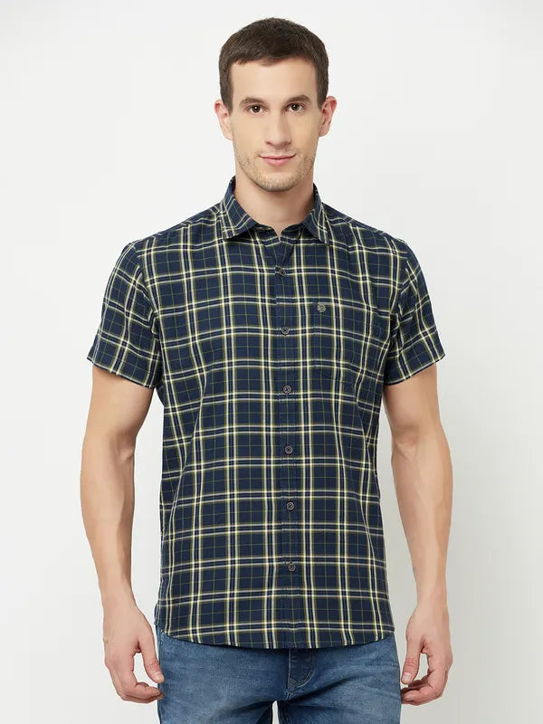 Mettle Men Navy Blue Tartan Checks Checked Casual Shirt