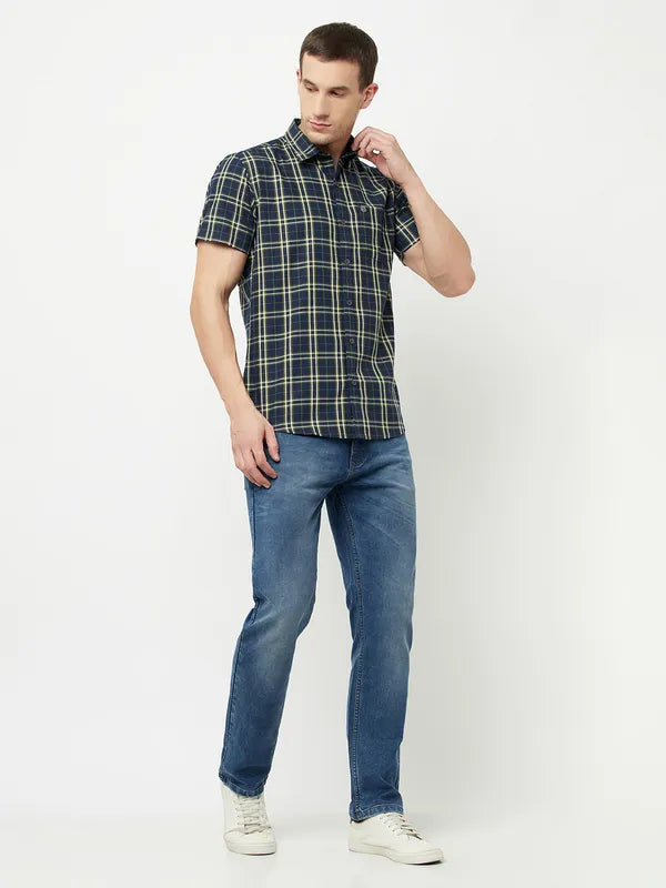 Mettle Men Navy Blue Tartan Checks Checked Casual Shirt