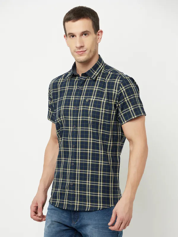 Mettle Men Navy Blue Tartan Checks Checked Casual Shirt