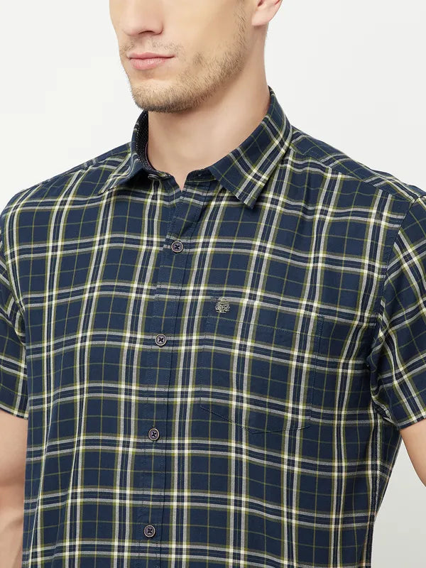 Mettle Men Navy Blue Tartan Checks Checked Casual Shirt