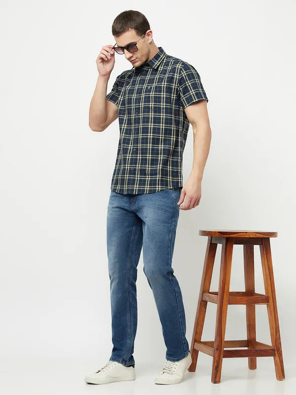 Mettle Men Navy Blue Tartan Checks Checked Casual Shirt