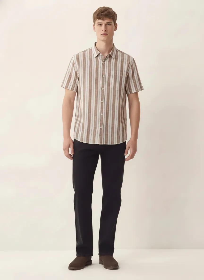 Men Light Khaki Striped Casual Shirt