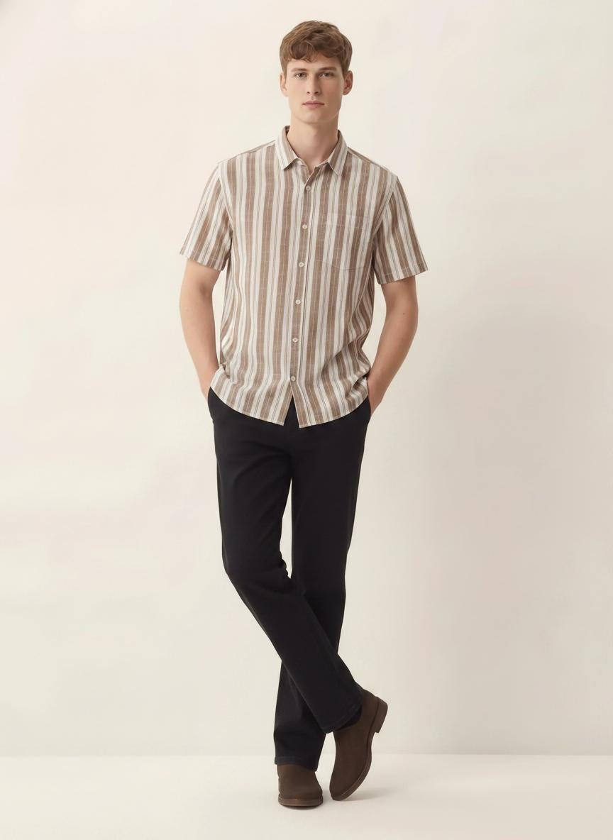 Men Light Khaki Striped Casual Shirt