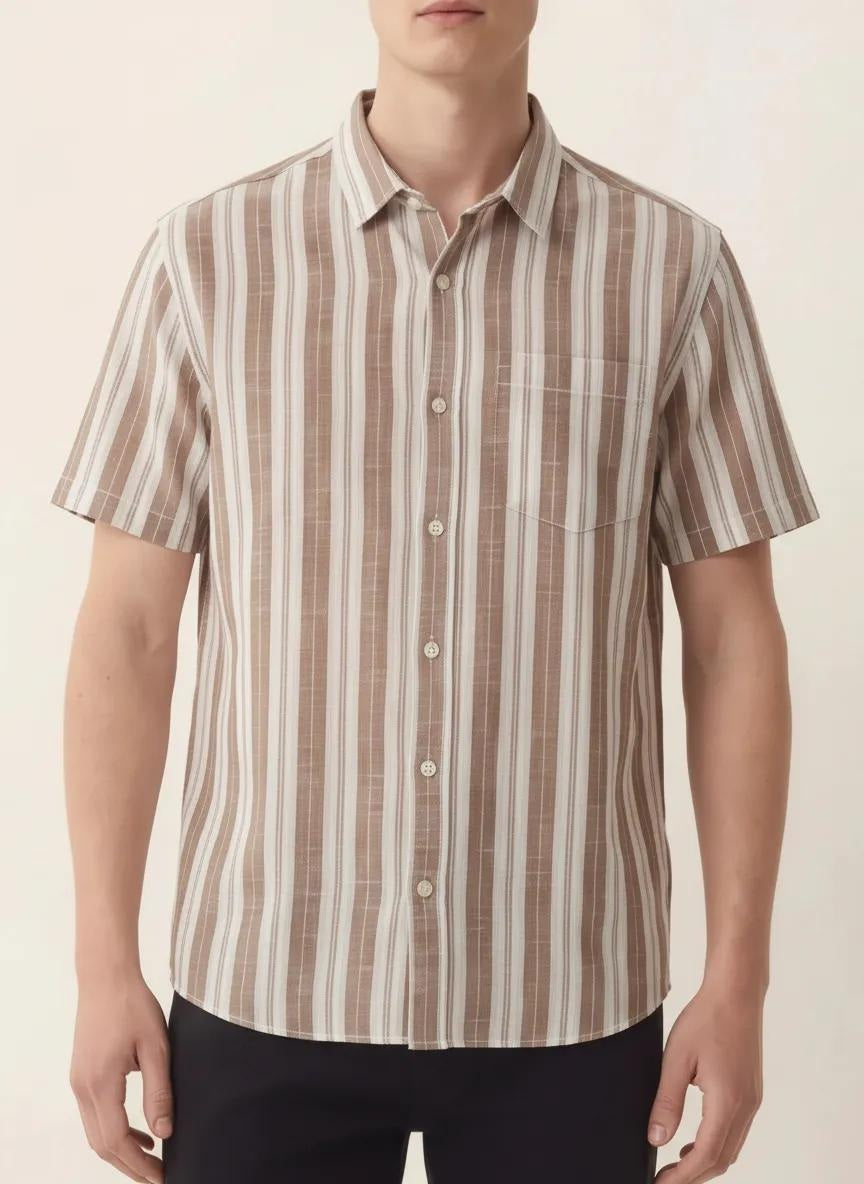 Men Light Khaki Striped Casual Shirt