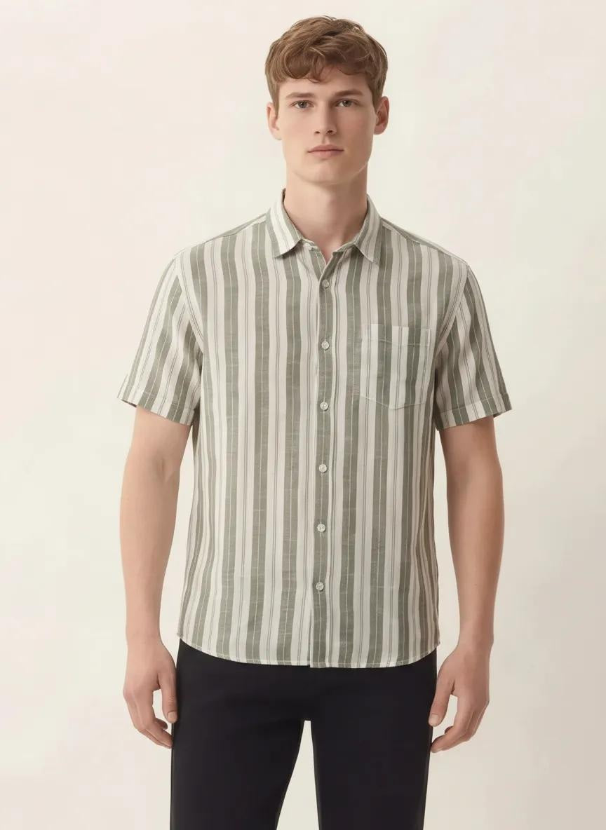Men Light Olive Striped Casual Shirt