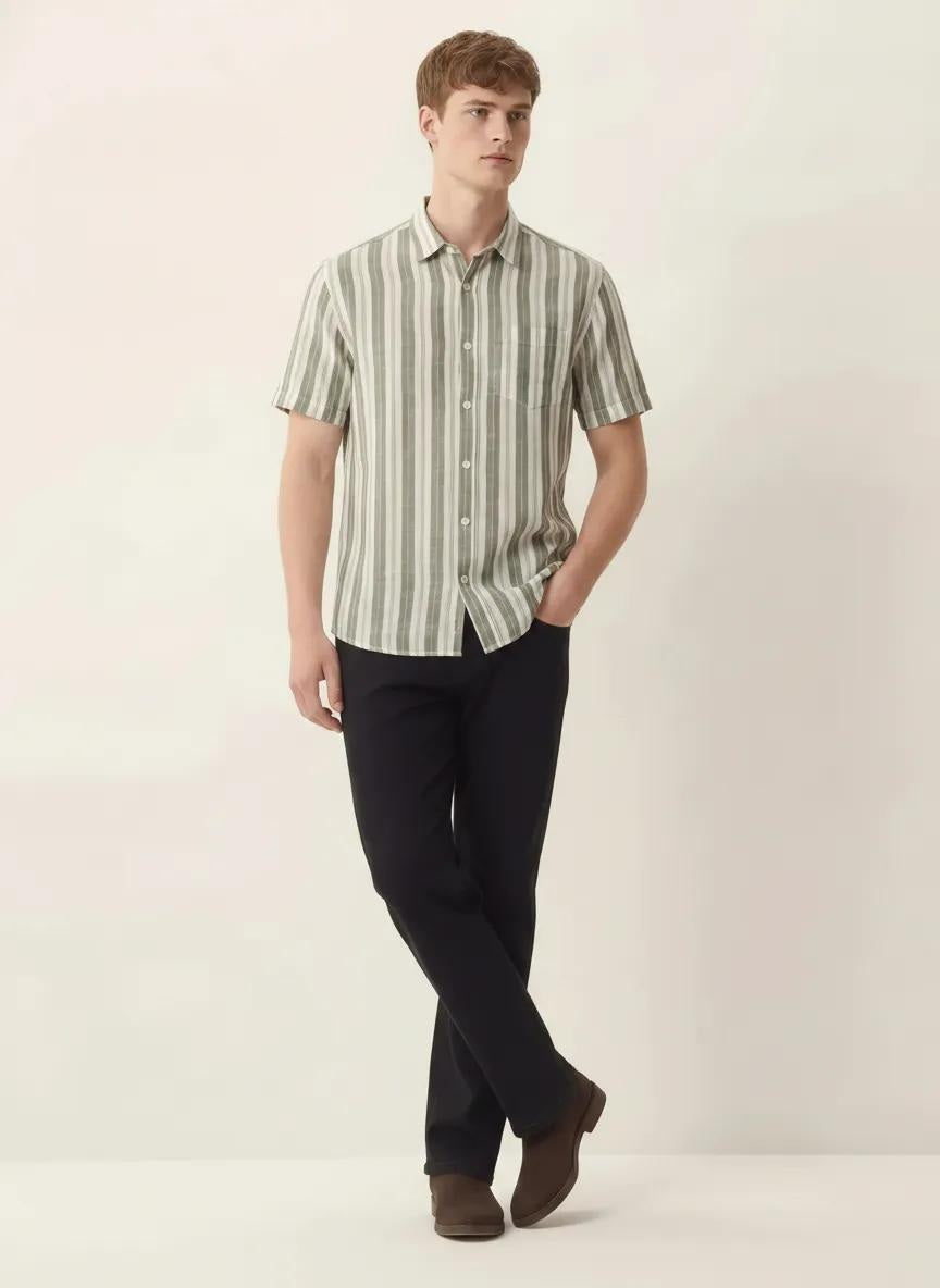 Men Light Olive Striped Casual Shirt