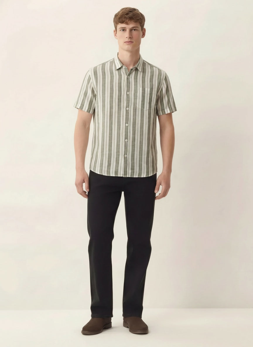 Men Light Olive Striped Casual Shirt