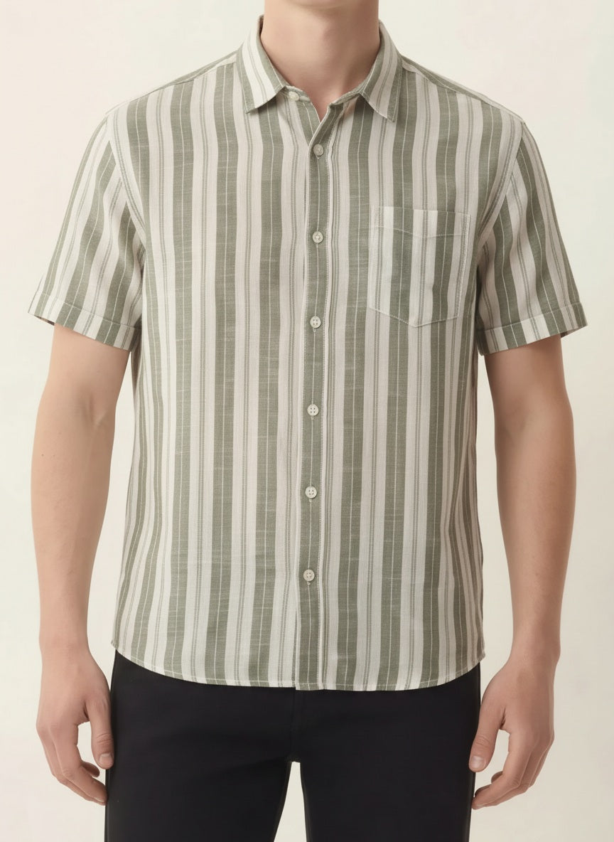 Men Light Olive Striped Casual Shirt