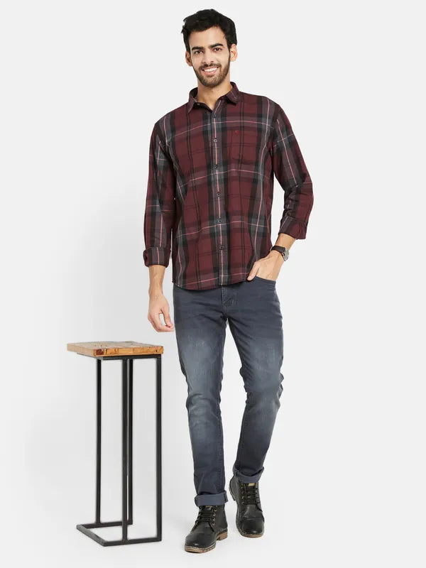 Mettle Men Maroon Opaque Checked Casual Shirt