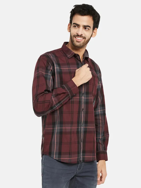 Mettle Men Maroon Opaque Checked Casual Shirt