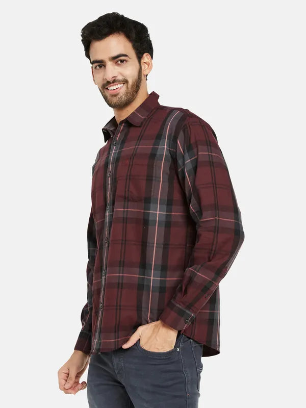 Mettle Men Maroon Opaque Checked Casual Shirt