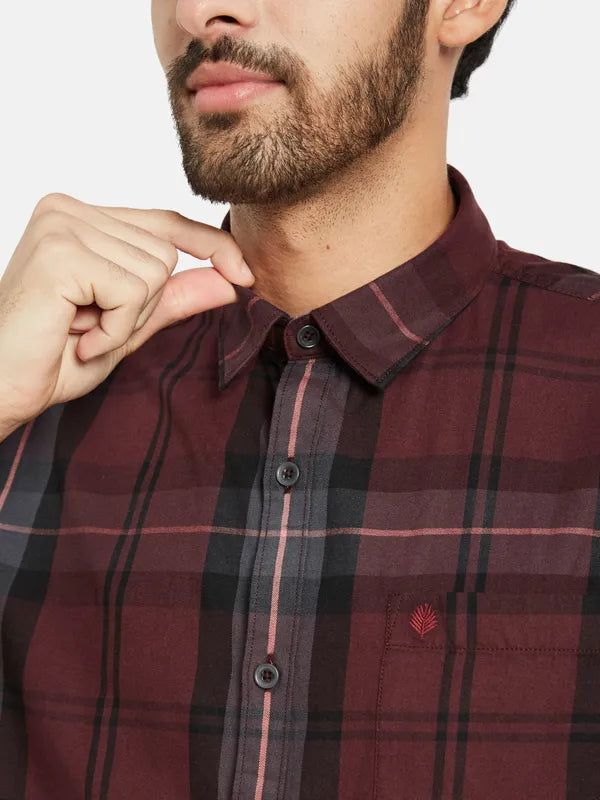 Mettle Men Maroon Opaque Checked Casual Shirt