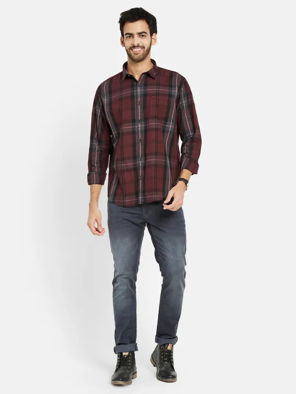 Mettle Men Maroon Opaque Checked Casual Shirt