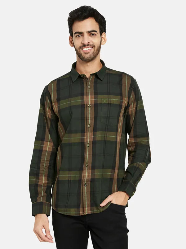 Mettle Men Olive Green Tartan Checks Opaque Checked Casual Shirt