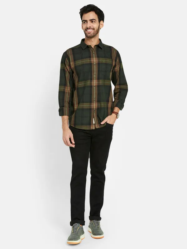 Mettle Men Olive Green Tartan Checks Opaque Checked Casual Shirt