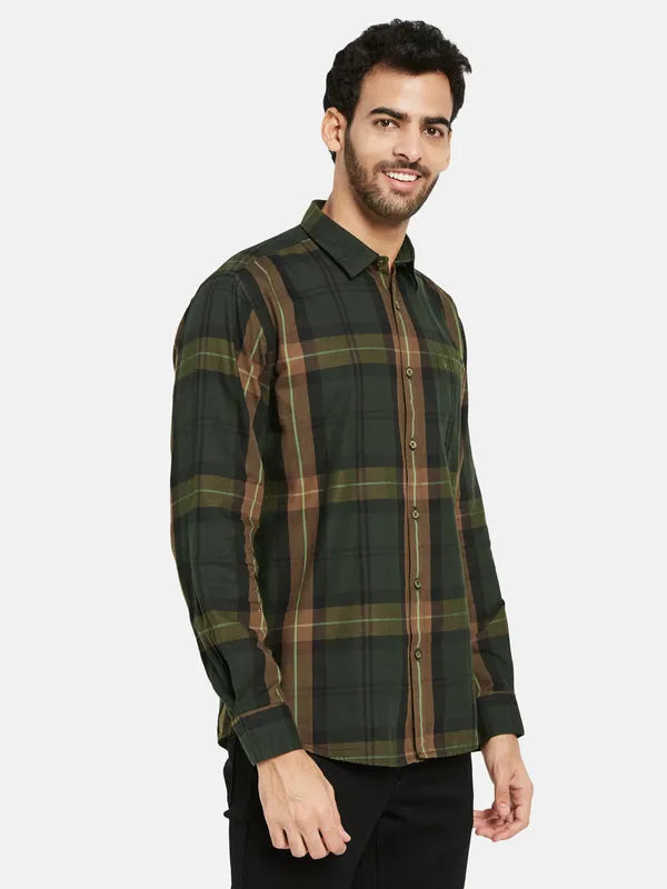 Mettle Men Olive Green Tartan Checks Opaque Checked Casual Shirt